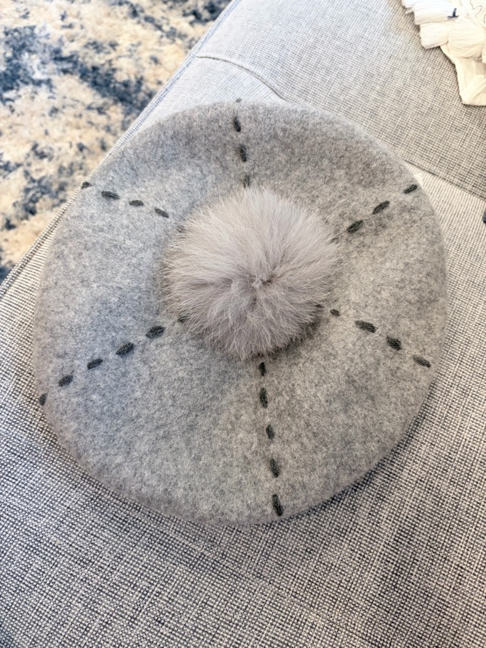 Cozy Gray Wool Beret with Fluffy Pom Pom